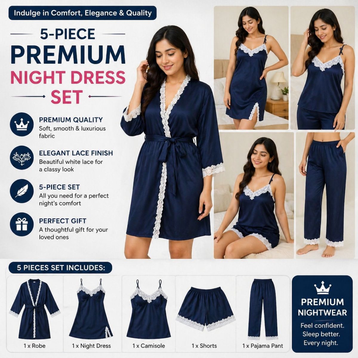 Navy Blue Elegance Premium Nighty Set White Laice