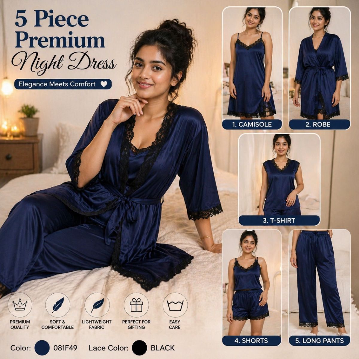 Navy Blue Elegance Premium Nighty Set Black Laice
