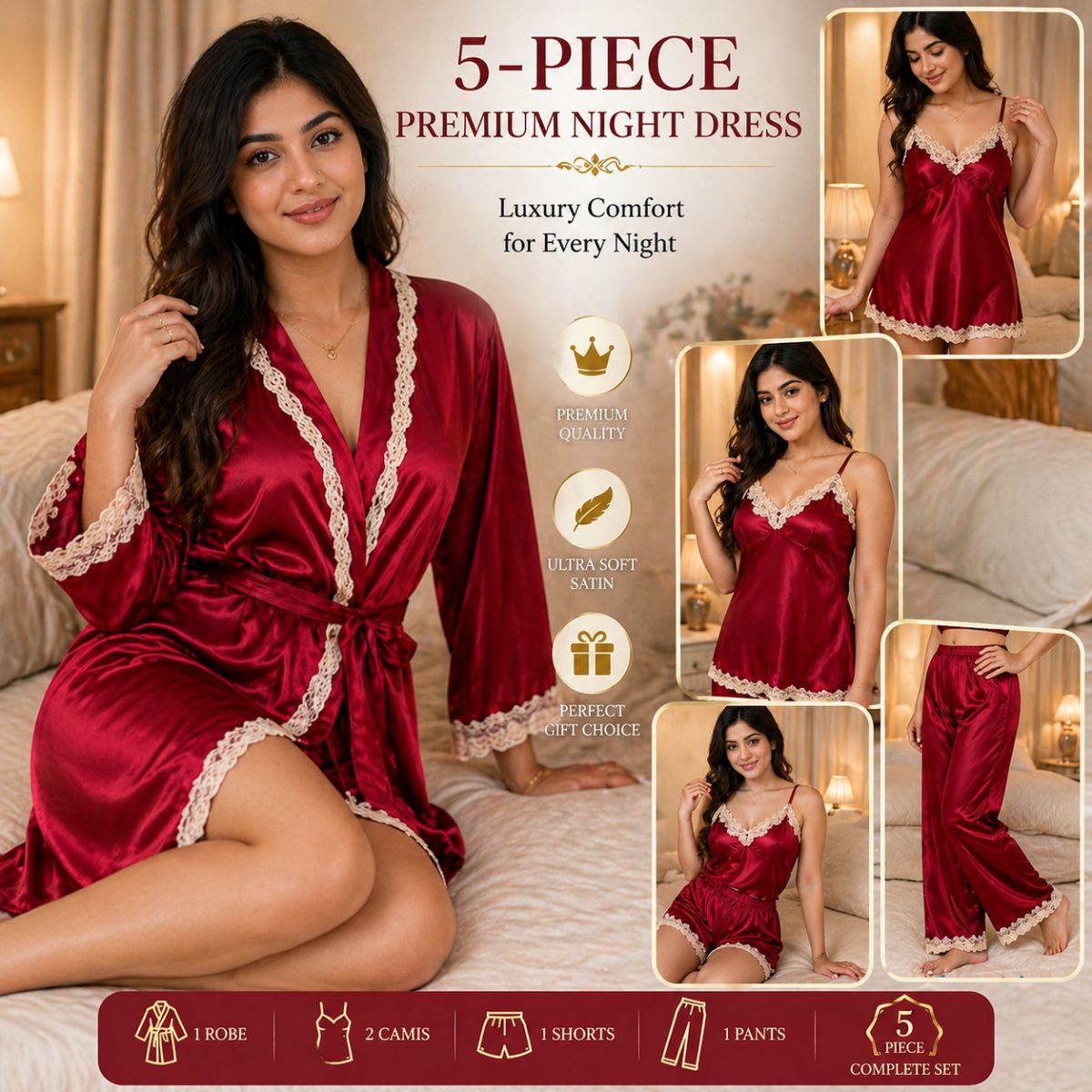 Maroon Elegance Premium Nighty Set White Laice