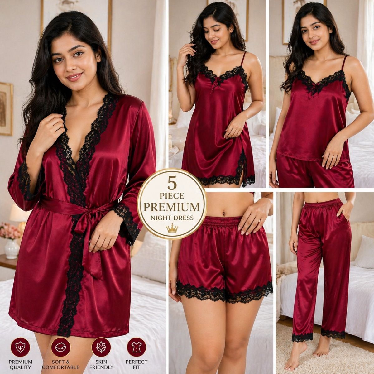 Maroon Elegance Premium Nighty Set Black Laice