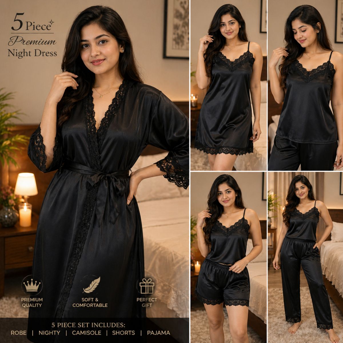 Black Elegance Premium Nighty Set Black Laice